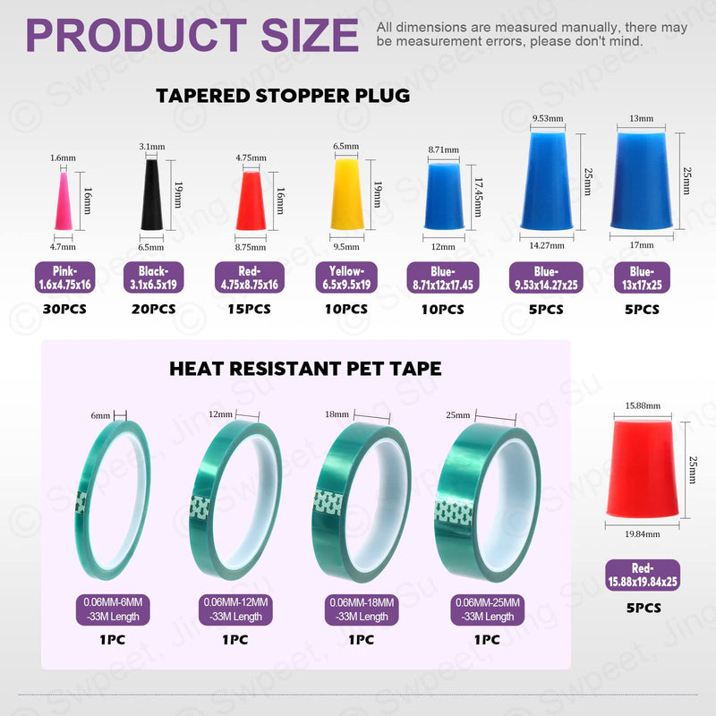 [Australia - AusPower] - Swpeet 104Pcs 36 Yards 4 Sizes 1/4",1/2", 7/10", 1" Green Powder Coating Masking PET Tape with High Temp Silicone Rubber Protective Tapered Plug Assortment Kit for Painting, Powder Coating 104 
