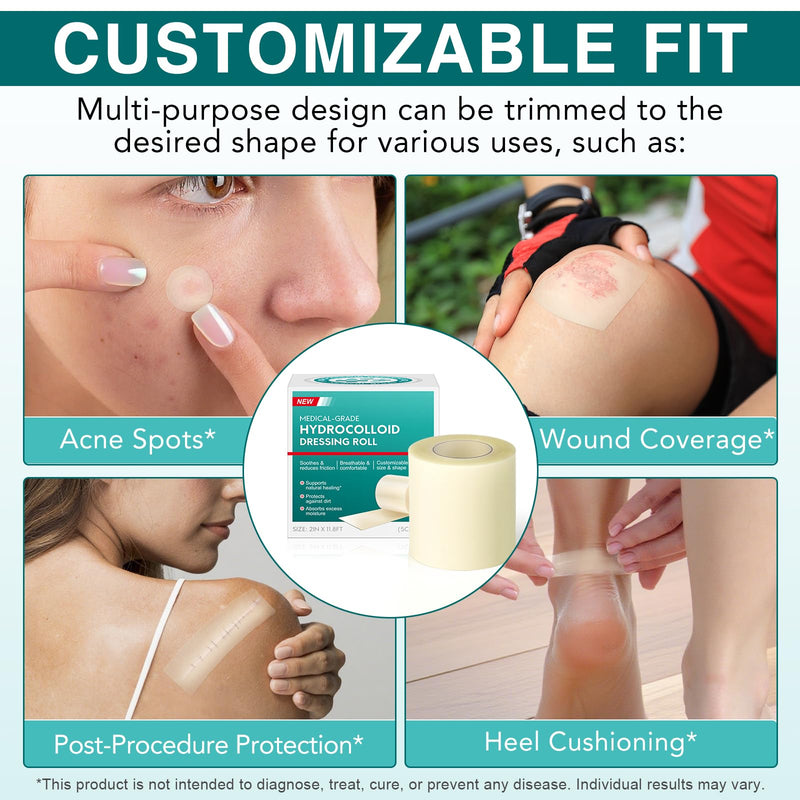 Hydrocolloid Roll 2 in x 12 ft, Cut to Size Skin Protection Tape, Anti Friction Barrier for Feet Heel Toes, Waterproof Flexible Adhesive for Shoe Rubbing, Walking Running Hiking Foot Care