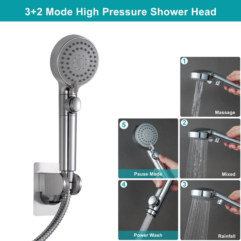 GwernKB RV Shower Head with Hose,5-mode High Pressure Shower Head with On Off Switch Water Saving for Camper, No Drilling Wall Mount Handheld Shower Holder and Adhesive Hose Guide Ring (Silver) Silver
