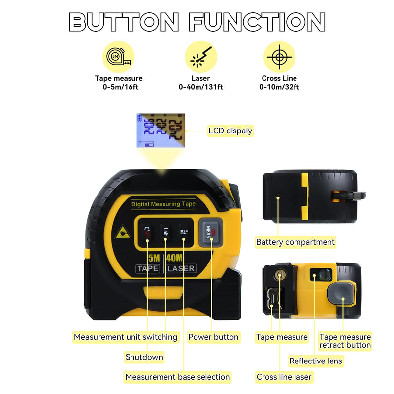 3 in 1 Digital Laser Tape Measure | Laser Level Crosshairs | 130ft/40m Laser Distance + 16ft/5m AutoLock Tape | Backlit LCD Display (Ft/Inch/M/mm & Fractions) Yellow/131FT/40meter