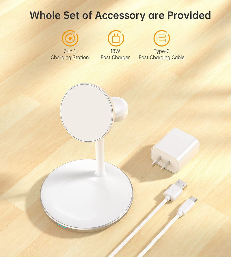 [Australia - AusPower] - 3 in 1 Wireless Charging Station for Multiple Devices, 15W Fast Wireless Mag-Safe Charger Stand for iPhone 14 13 12 Pro Max/Plus/Pro/Mini, Mag Charger for iWatch Ultra/8/7/SE/6/5/4/3/2, AirPods White 