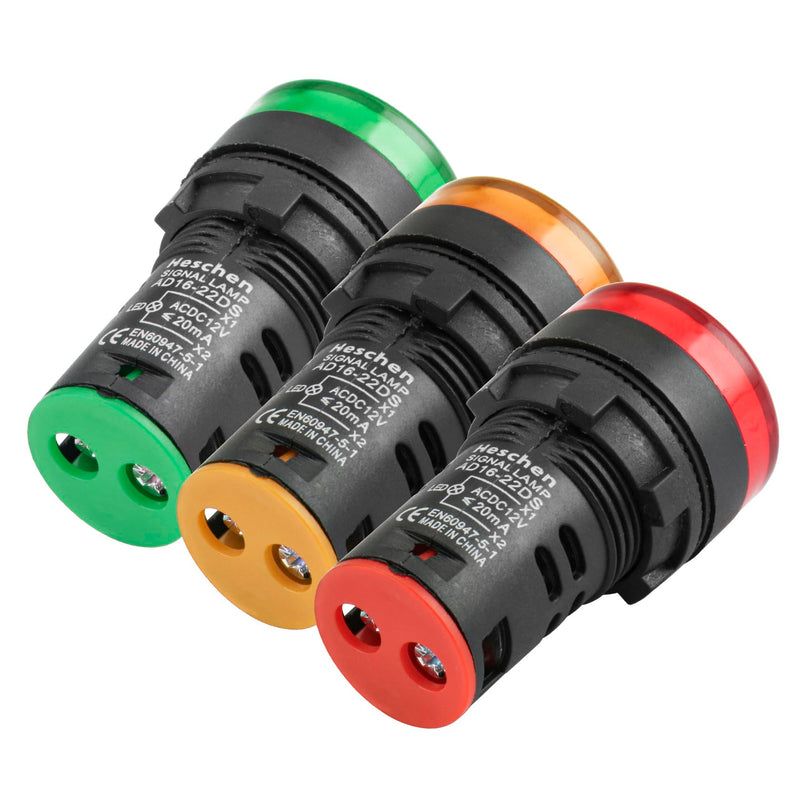 Heschen 22mm LED Indicator Light AD16-22D/S 12V DC 20mA Red/Green/Yellow Light Color (Pack of 3)