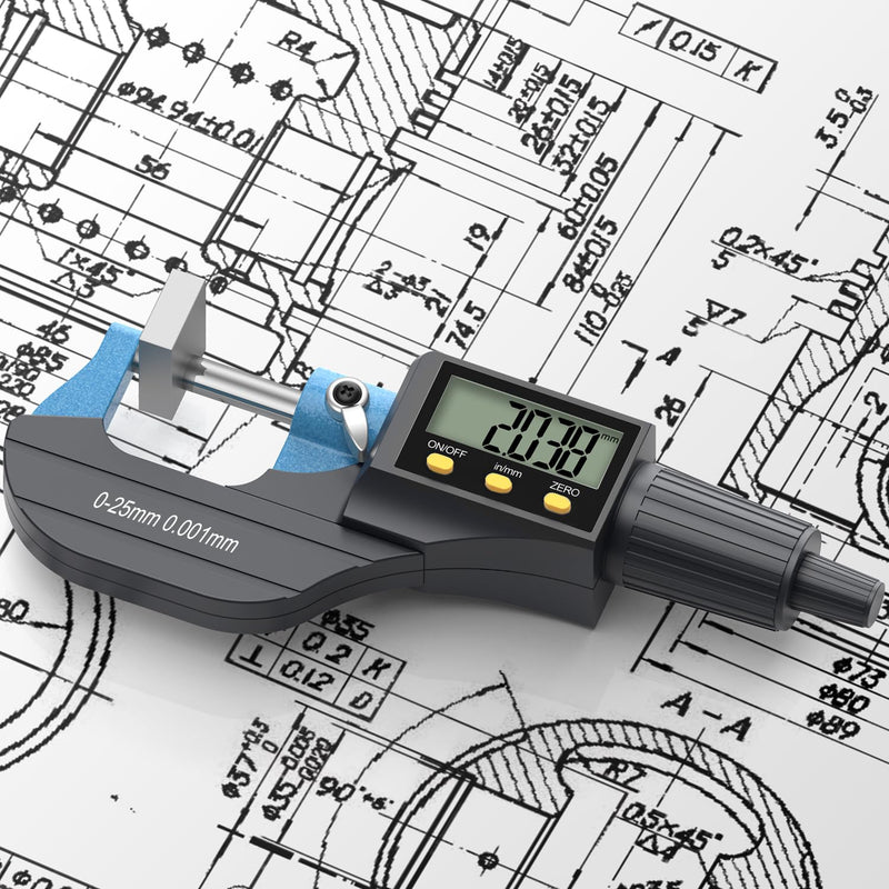 Micrometer Digital Outside Micrometer Measuring Range 0-25.4 mm, Resolution 0.001 mm / 0.00005 Inch, Electronic Micrometer LCD Micrometer, Thickness Gauge Tester, Length Measuring Tool