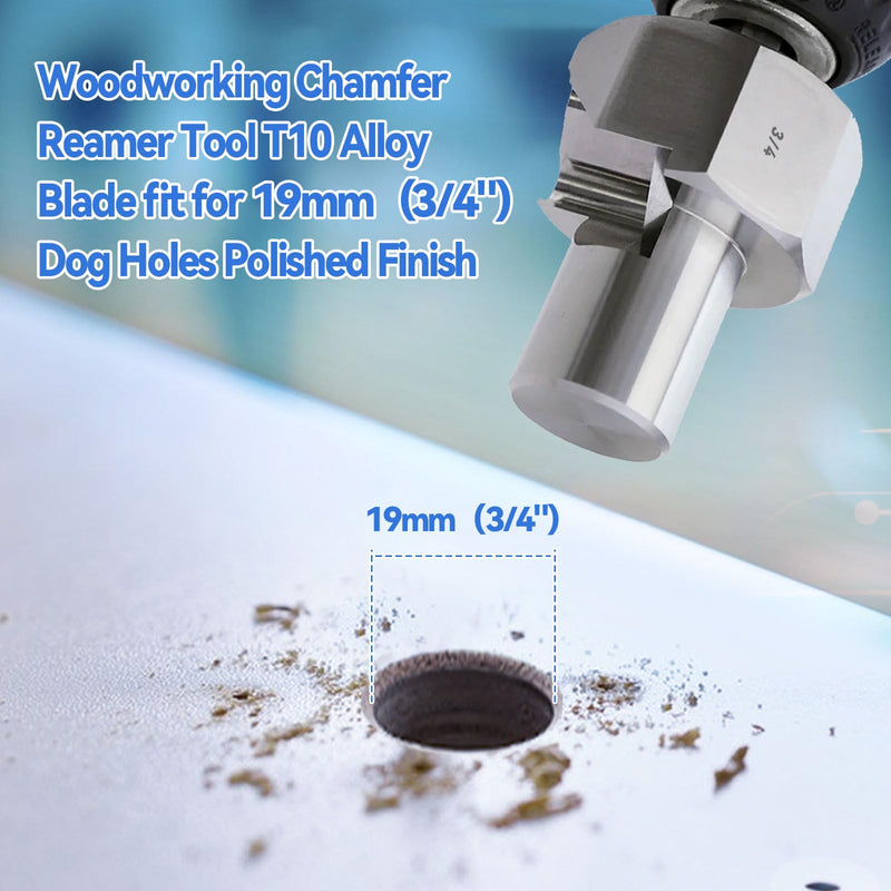 [Australia - AusPower] - Dog Hole Chamfer Reamer Tool, Workbench Dog Hole Shaping Trimmer T10 Alloy Blade Stainless Steel 9mm Hex Shank for 19mm/20mm Woodworking Dog Holes Polished Finish for Electric Drills (19mm) 