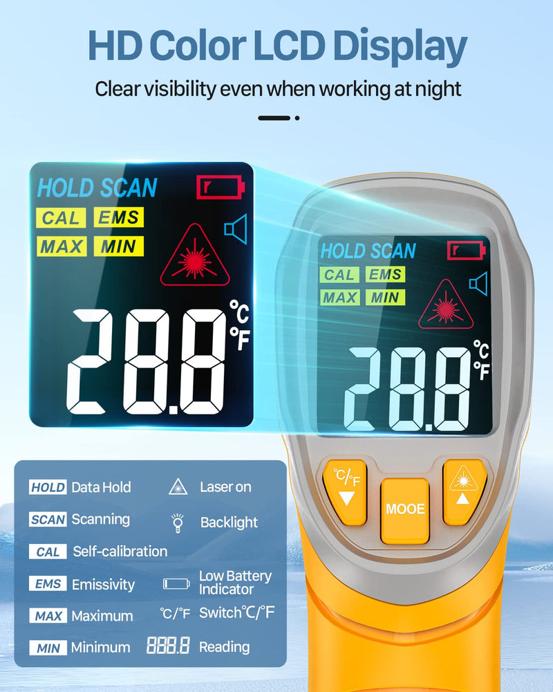 [Australia - AusPower] - EVENTEK Infrared Thermometer, Temperature Meter -50°C ~ 600°C (-58°F~1112°F) with Adjustable Emissivity, Laser Thermometer, Non-Human for Cooking/Barbecue/Freezer/Industry Yellowish-Grey 