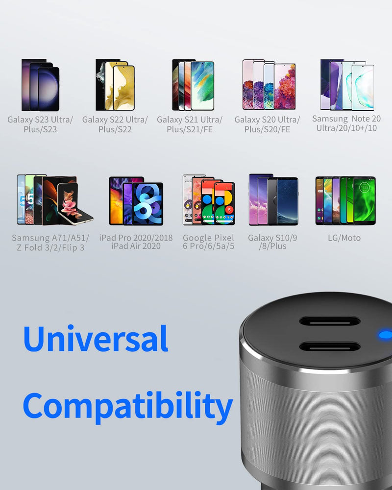[Australia - AusPower] - Dual USB C Car Charger, 60W PD (30W + 30W) Super Fast Charging Adapter Metal for iPhone 15 Pro Max, Samsung Galaxy S24 Ultra/S24 Plus/S24/S23/S22/S21, Note 20/10, iPad Pro + 2X Type C to C Cable 3.3Ft Gray 