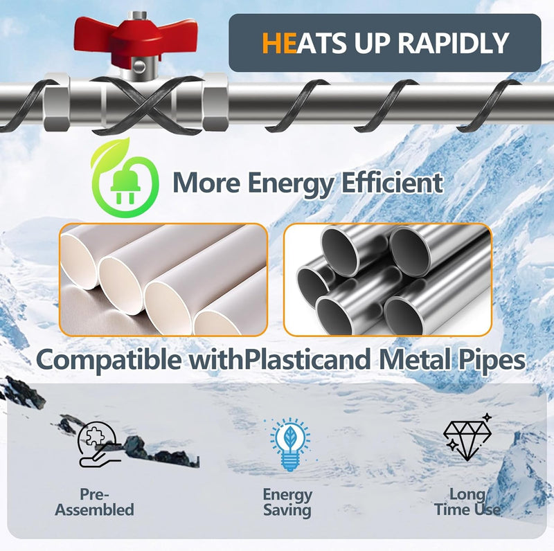 9FT Heating Cable for Metal and Plastic Home Pipes, Energy-efficient, Pipe Heat Tape for Water Pipes, Pipe Freeze Protection, Keeps Water Flowing at -40℉, 120V, 8W/FT 9FT