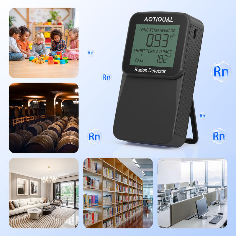 Digital Radon Detector LCD Display Dual USB Battery Power Options 3 Year Battery Life 10 Year Sensor Lifespan Accurate pCiL Concentration Detection for Home and Office Use