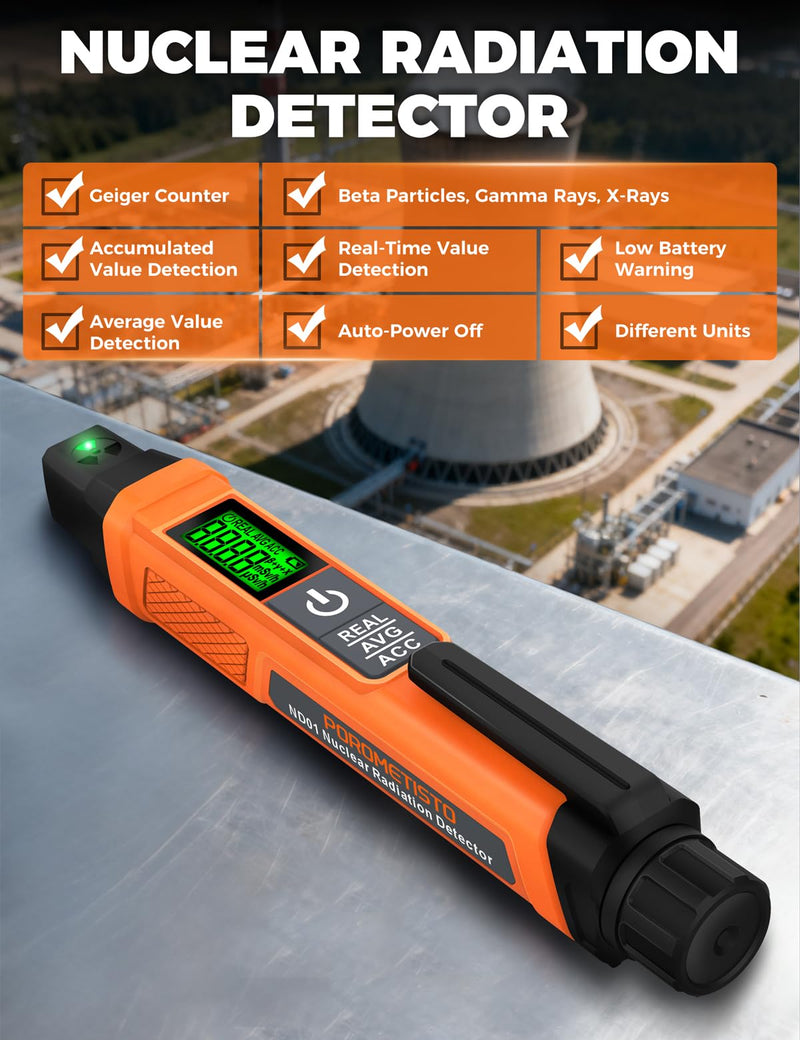 ND01 Geiger Counter Radioactivity Portable β/γ/X | POROMETISTO Radiation dosimeter, illuminated LCD: real-time, average, cumulative – for home & on the go