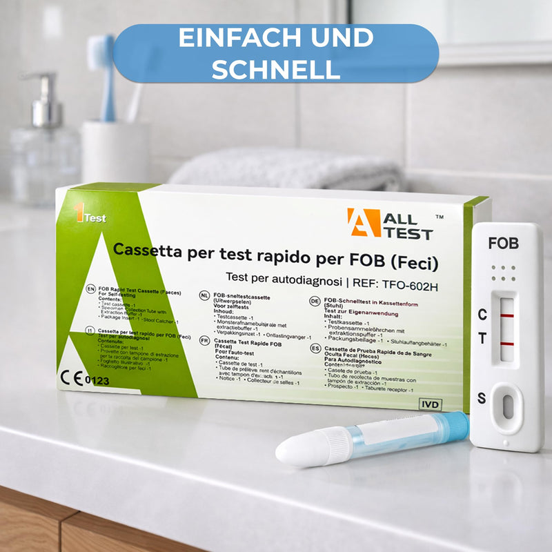 FOB Quick Test (Chair) 2 Tests - Self Test for Occult Blood in Stool - Home Use | Dual Antibody · Collection Tube · Extraction Buffer · 99.1% Agreement · 3-Step Application · CE 0123