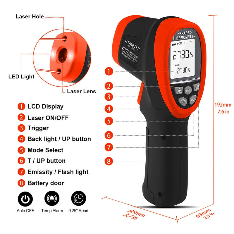 [Australia - AusPower] - BTMETER BT-1500 Pyrometer 30:1 Industrial Laser Thermometer Gun, -58? to 2732? Non Contact High Temp Infrared Thermometer Digital IR Temperature Gauge Orange(NOT for Human Temp Test) BT-1500 Orange 
