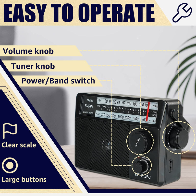 [Australia - AusPower] - Retekess TR633 AM FM Radios with Best Reception, Portable Radio Plug in Wall, External Antenna Jack, Battery Operated Radio by 4 AA Batteries Or AC Power for Senior, Home 
