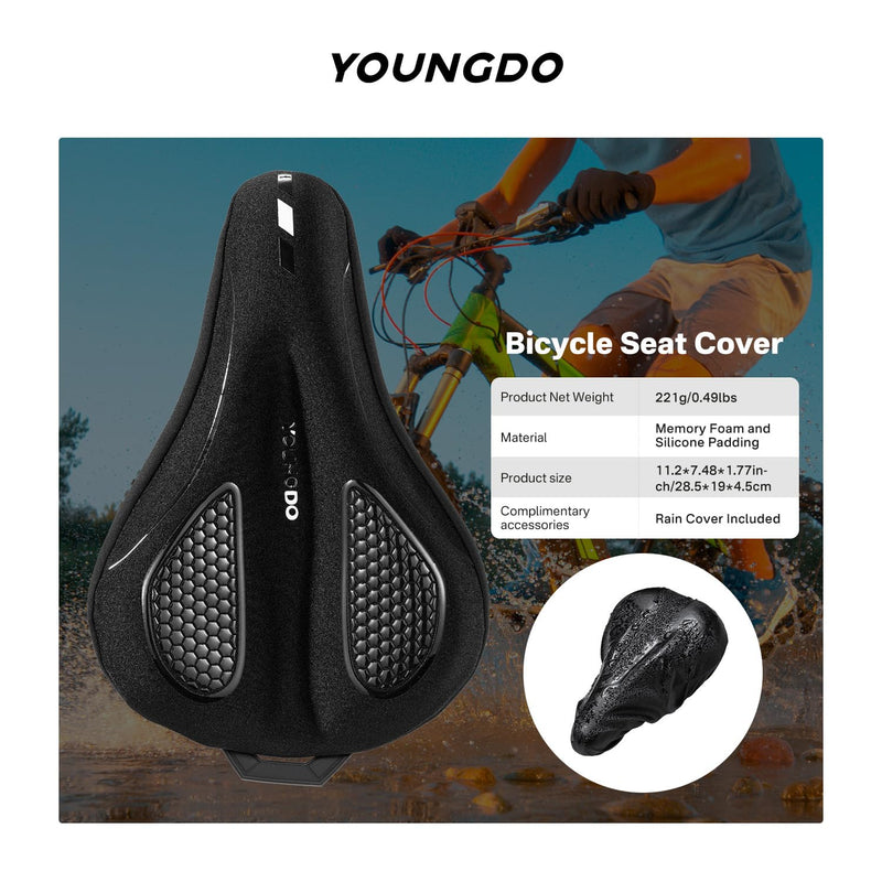 [Australia - AusPower] - YOUNGDO Bike Seat Cushion with Waterproof Cover, Gel Bicycle Seats Pad for Narrow Saddle, Shock Absorbing, Fit for Peloton, BMX, MTB & Road Black M-7.4"W×11.2"L/19cm×28.5cm 