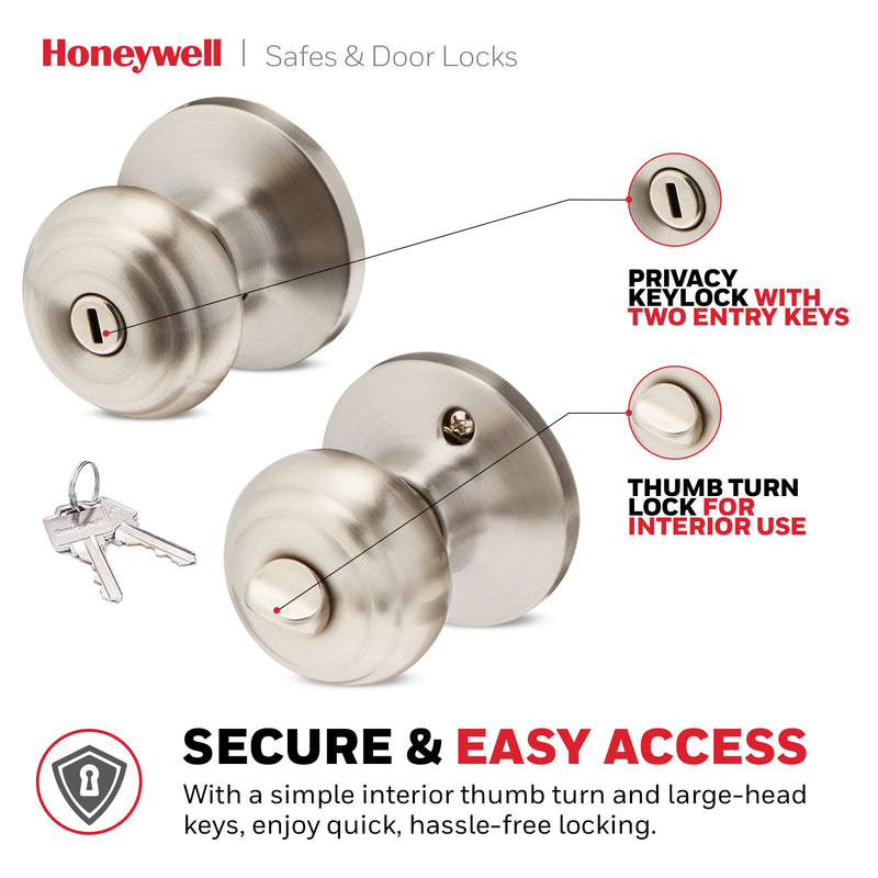 Honeywell Safes & Door Locks - Bedroom Door Knob with Lock and Key - Locking Interior Door Knobs Ideal for Closet, Room & Bathroom Requires Privacy - 5.25" L x 2.75" W Inches - Satin Nickel - 8101302