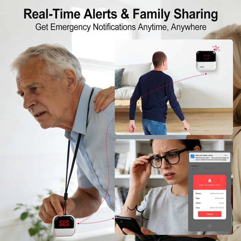 eMylo WiFi Caregiver Pager System, SOS Emergency Call Button for Elderly, Home Medical Alert with App Alerts, No Monthly Fee, 2 Panic Buttons + 1 Receiver, 426Ft Range for Seniors, Patients & Disabled