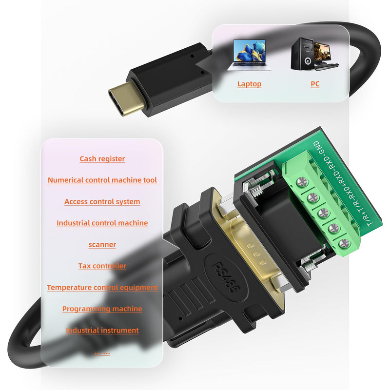 USB C to RS485/RS422 Serial Port Converter Adapter Cable with FTDI Chip Supports Windows 11 10 8 7 XP Mac 10FT… USB-C to RS485/422