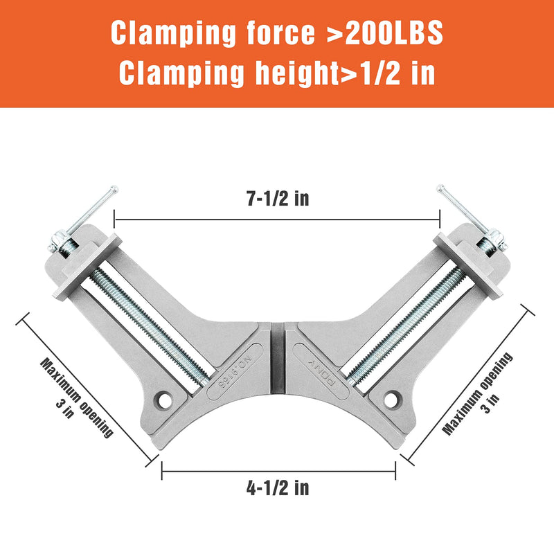 [Australia - AusPower] - PONY 2-Piece 90 Degree Corner Clamp Set, Featured with 3" Maximum Opening, 200 lbs Clamping Force & 1/2" Clamping Height, Aluminum Alloy Body, Adjustable Right Angle Clamps for Multiple Projects 