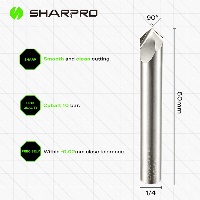 [Australia - AusPower] - 90 Degree V-bit 1/4 Inch Shank Carbide Chamfer End Mill 2 Flute CNC V-Groove Router Bit for Engraving and Chamfering Lettering, Ideal for Wood, Plywood, MDF, PVC and Acrylic 90° 1/4 SHK 0.2mm DIA 