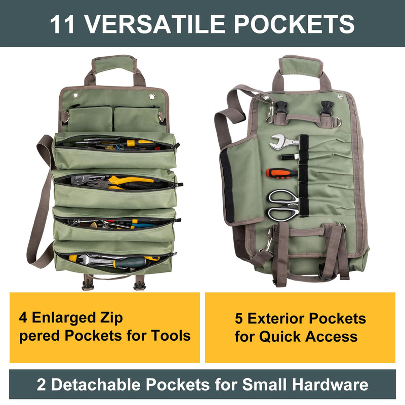 ITTAR Roll Up Tool Bag Organizer, Heavy Duty Motorcycle Tool Roll Up Bag with 4 Large Zipper Pockets, 2 Detachable Pouches, 5 Slots Pockets, Portable Tool Roll Bag Men Gifts for Mechanic, Electricians
