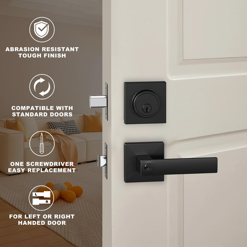 Exterior Door Handle,Entry Door locksets with deadbolt | Front Door Handle and Deadbolt Set,Matte Black Keyed Alike Heavy Duty Door Lever Locksets Right & Left Sided Doors 1 Pack