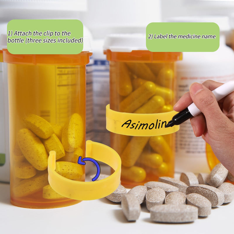 [Australia - AusPower] - 36pcs Medicine Bottle Label Clips, 3 Sizes Plastic Reusable Clips for Pill Bottles with Mini Marker Pen Pill Organizer for Easy Medication Identification for Home Travel(Yellow) 
