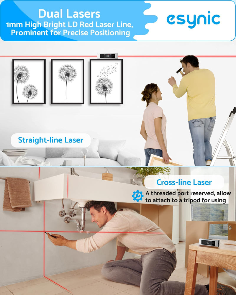 [Australia - AusPower] - eSynic Digitaler Neigungswinkelmesser mit Dual-Achsen, Präzisions-Inklinometer, Doppel-LCD-Display, Laser-Level, 4 * 90° Messbereich, Wiederaufladbar mit USB-C Silver 
