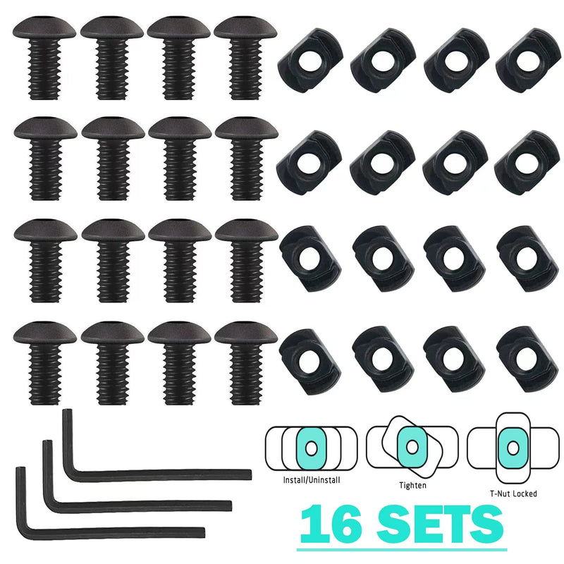 [Australia - AusPower] - 16 Pack M4 T-Nut Metric Camming Screw Replacement Sets Compatible with Standard Rail Systems, with Thread Locking Screws, Allen Wrench and Nuts(16 x Screws, 16 x Nuts and 3 x Wrench) 