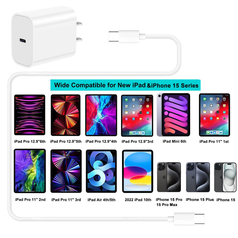 [Australia - AusPower] - iPhone 15 Charger,iPad Pro Charger,20W USB C Fast Charger with 10FT Long Fast Charging Cord for iPhone 15 Pro Max/Plus,iPad Pro 12.9 5th/4th/3rd,11 inch 3/2nd,iPad Air 5th/4th,iPad Mini 6th,iPad 10th A-White 
