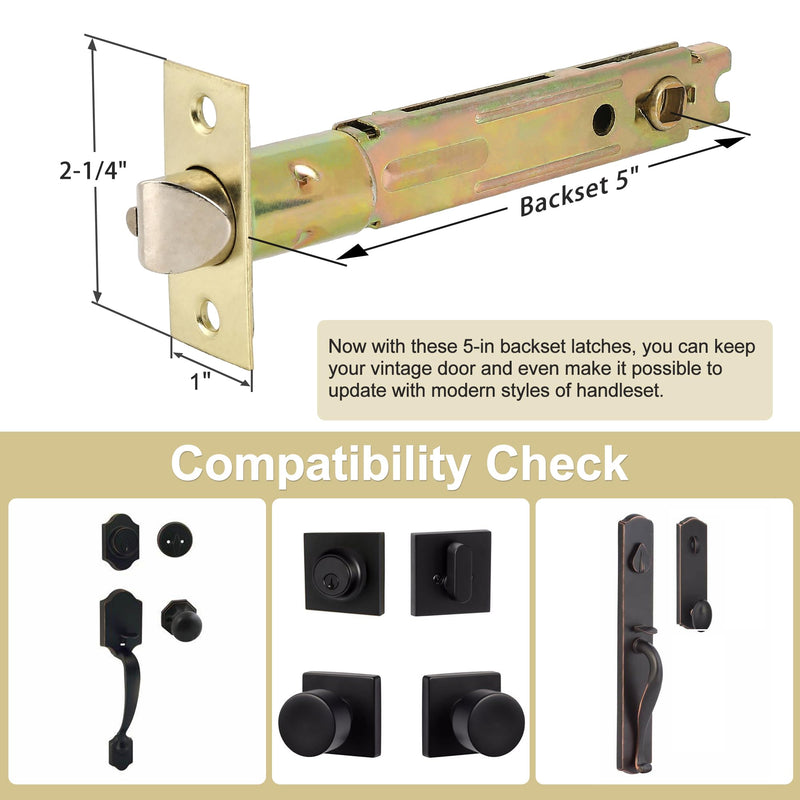 MaxxGeek 5-Inch Backset Entry Door Latch Fit Standard Knobset, 90° Square Interface with Square Corner Faceplate, Requires a 2-1/8" Cross Bore & 1" Edge Bore, Non-Handed, Polished Brass 5" Entry Latch