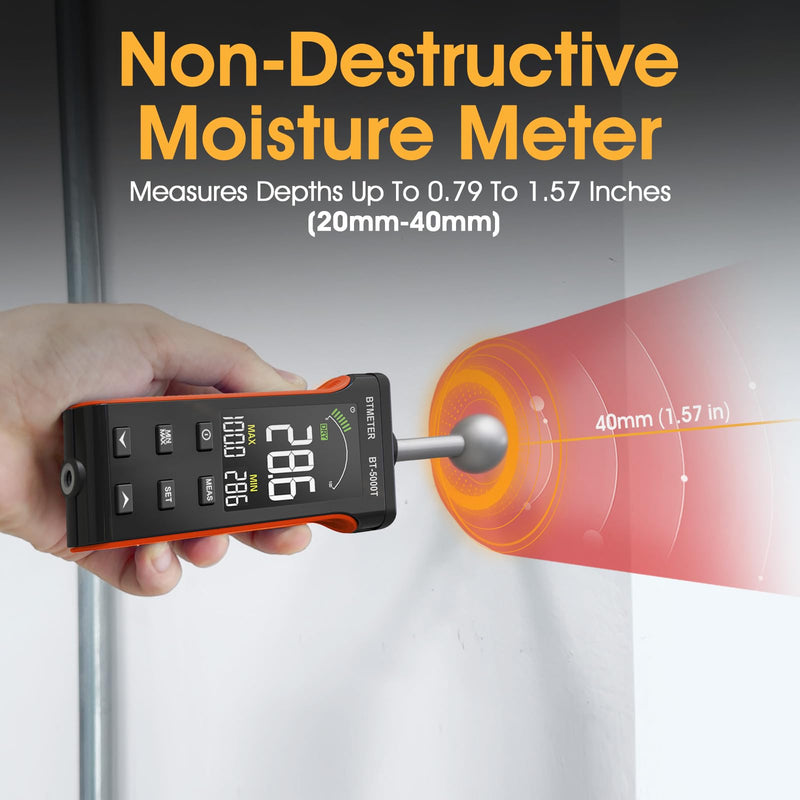 [Australia - AusPower] - BTMETER Wood Moisture Meter - Pinless Moisture Detector Measur Depth 20-40mm Non-Destructive Moisture Tester with Masonry Spherical Sensor Sound Alarm LCD Display for Firewood Walls Flooring Concrete 
