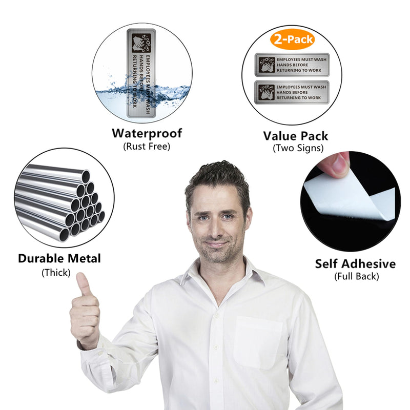 [Australia - AusPower] - Employees Must Wash Hands Sign, (2 Pack) Self-adhesive Metal Signage for Office Bathroom, 9 x 3 Inch Waterproof Aluminum Signs for Indoor Outdoor Use (Brushed Aluminum) 9" x 3" 2 Pack (Brushed Nickel) 