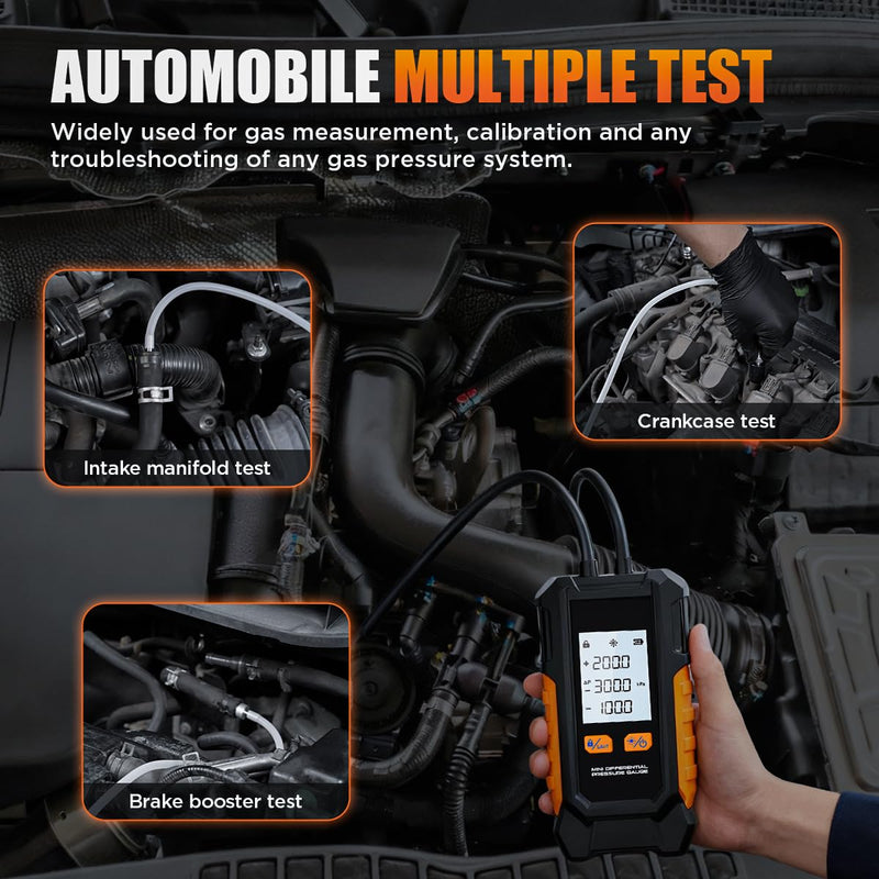 Manometer Gas Pressure Tester -101 to 200KPa Digital Manometers Dual-Port Gas Manometers HVAC with Auto Calibration, Backlight LCD Display, Data Hold Air Pressure Meter Small-PT503