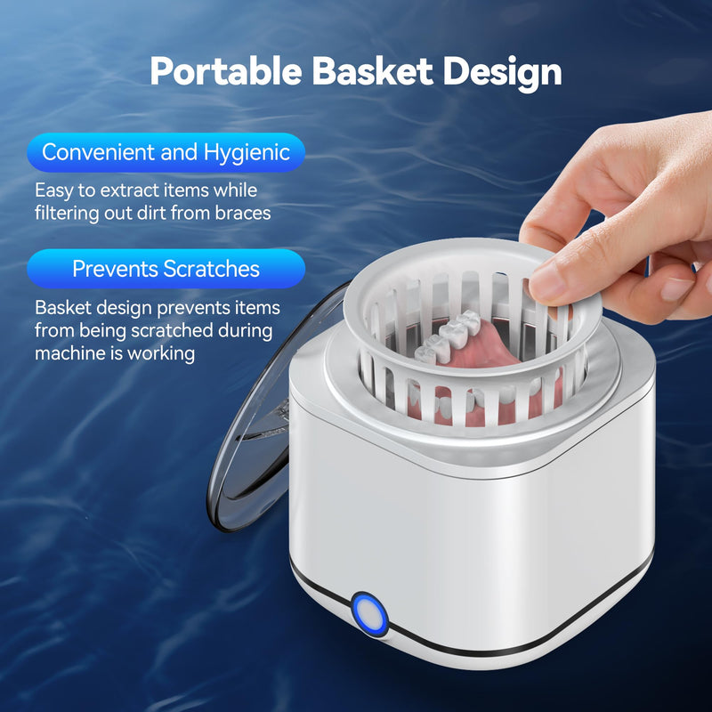 [Australia - AusPower] - Ultrasonic Retainer Cleaner, 48kHz Retainer Cleaner Machine for Dentures, Mouthguard, Braces, Night Guard, Toothbrush, Jewelry with 7.8OZ Dental Cleaning Pod-Cool White Cool White 