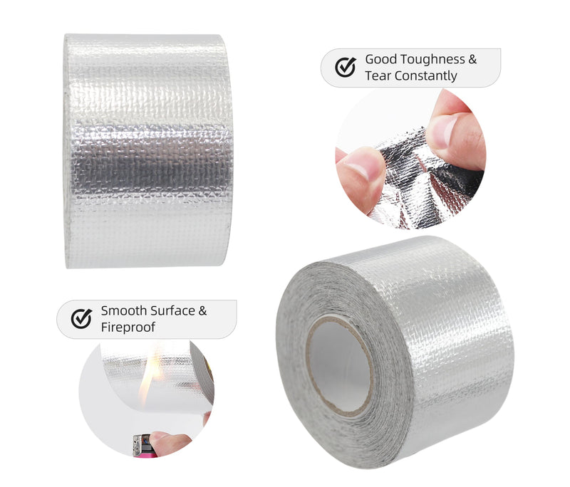 [Australia - AusPower] - 2 Rolls Fireproof Self-Adhesive Heat Shield Tape, 1.5 inch x 29.5FT Fiberglass Heat Resistant Tape High Temperature Reflective Silver Foil Tape Tear-Resistant for Automotive, HVAC, and Industrial Use 