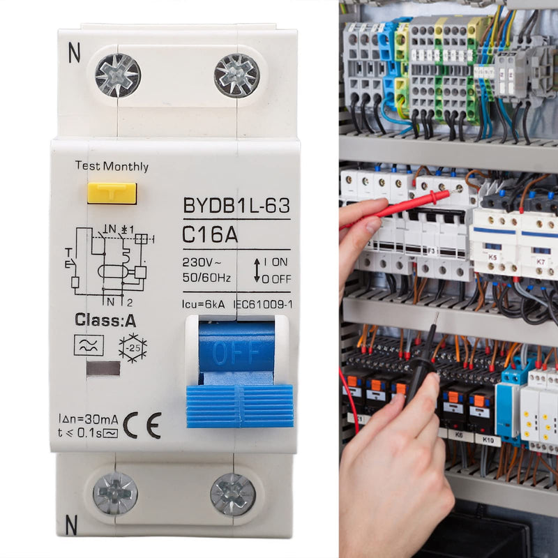 Fi Circuit Breaker, AC 230 V 30 mA 16 A 1P+N Circuit Breaker, A Type C16 Single-Pole Circuit Breaker, DIN Rail, Leakage Protection, Overload Protection, Residual Current Circuit Breaker, FI/LS Switch 16A