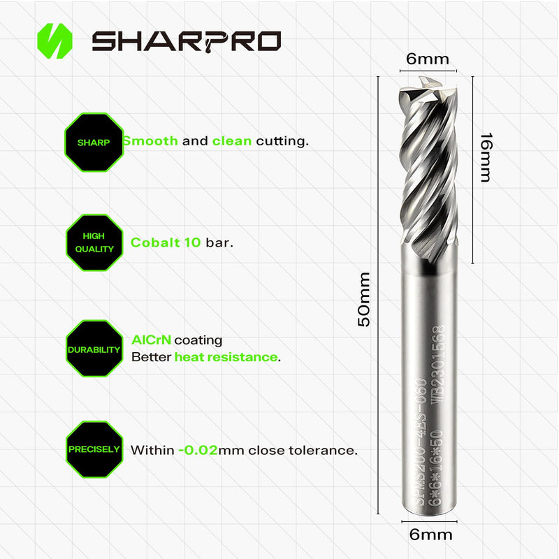 [Australia - AusPower] - 6mm Shank End Mill Bit 6mm Cutting DIA. 4 Flutes AlCrN Coated Carbide Square CNC Milling Bit, Apply for Alloy Steel, Stainless Steel, Cast Iron and Aluminum Cutting 6mm SHK 6mm DIA 1 