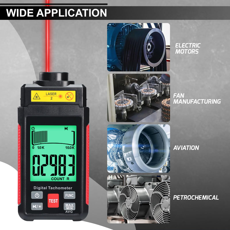 Digital RPM Speedometer 99,999 RPM Laser Tester with MAX/MIN/AVG, 2 Measuring Modes for Automotive, Industrial, DIY Engine Speed Measurement