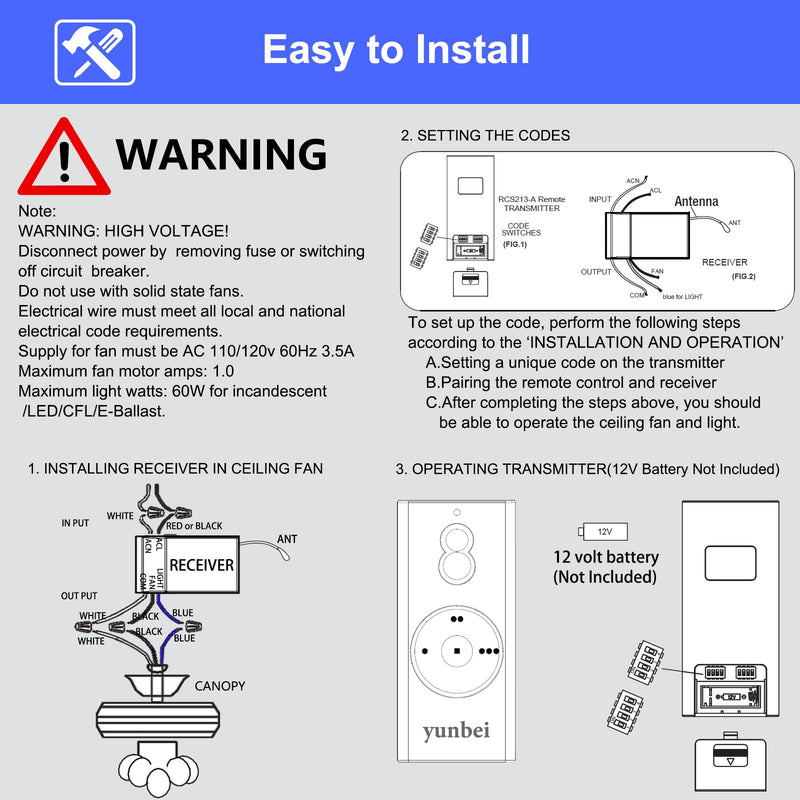 RCS213-A Universal Ceiling Fan Remote Control Kit Replacement for Hand-Held Remote Control System RCS223 RCS223L,w/Remote & Receiver for Most 3-Speed 120V AC Ceiling Fan TR110A RCS213 KUJCE10007 RCS213-A + AC8.3T Kit