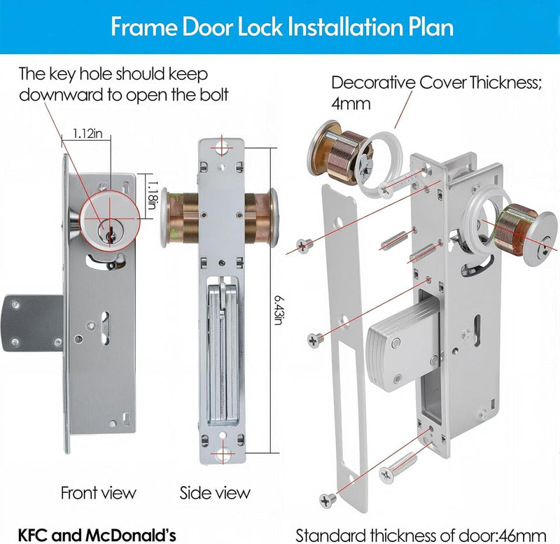 Cylinder Deadbolt Mortise Lock - Commercial Storefront Door Lock Double Keyed Cylinder 1-1/8" Backset Hook Deadbolt for Storefront Entry Doors 1-1/8"hook deadbolt