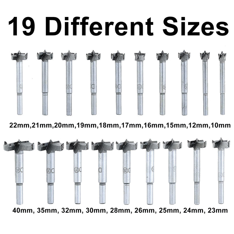 19 Pcs Forstner Drill Bit Set 10-40mm (2/5" to 1-4/7") Hole Saw Wood Cutter Tool for Woodworking
