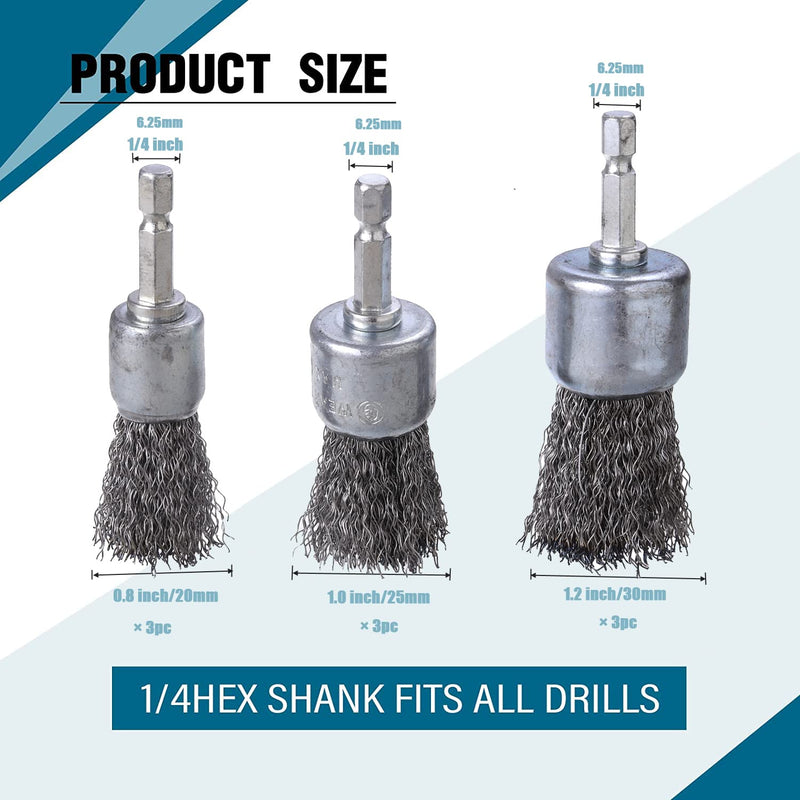 [Australia - AusPower] - 9 Pcs Wire Brush Wheel for Drill, Wire Brush for Drill 1-Inch Crimped End Wire Brushes 1/4" Hex Shank for Paint-Surface and Small Spaces 9 Pcs wire end brush 