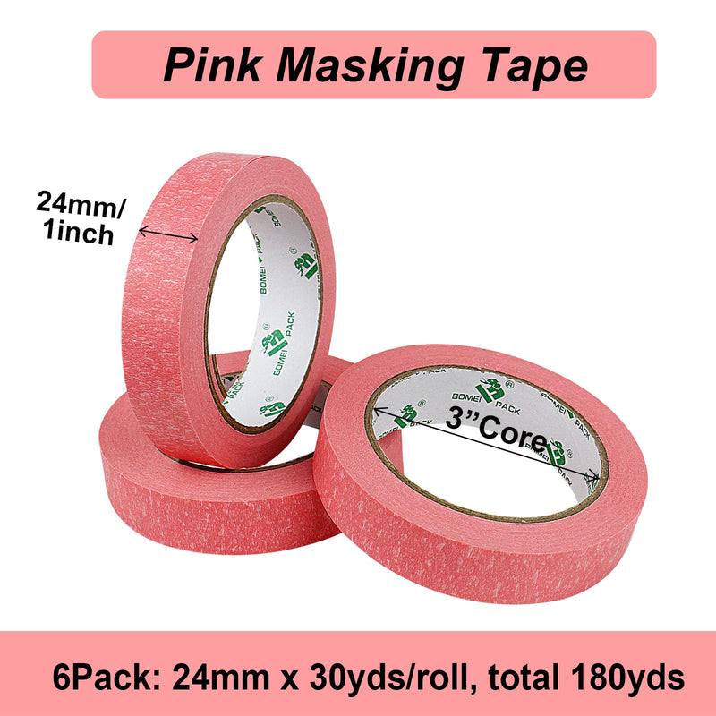 BOMEI PACK 6 Pack Pink Painters Tape, 0.94" x 30yds, Premium Painting Masking Tape, Clean Release Paper Tape for Home and Office