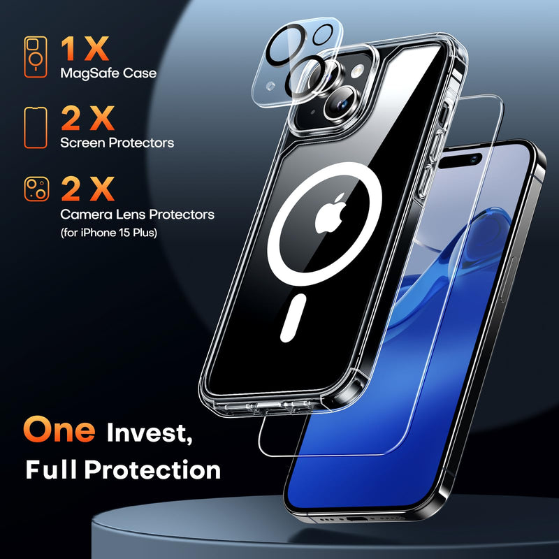 [Australia - AusPower] - TAURI for iPhone 15 Plus Case, Compatible with Magsafe [Yellowing Resistant] with 2X Screen Protector + 2X Camera Lens Protector, Military-Grade Protection, Slim Magnetic Phone Case, Clear for iPhone 15 Plus 6.7" A-Clear 