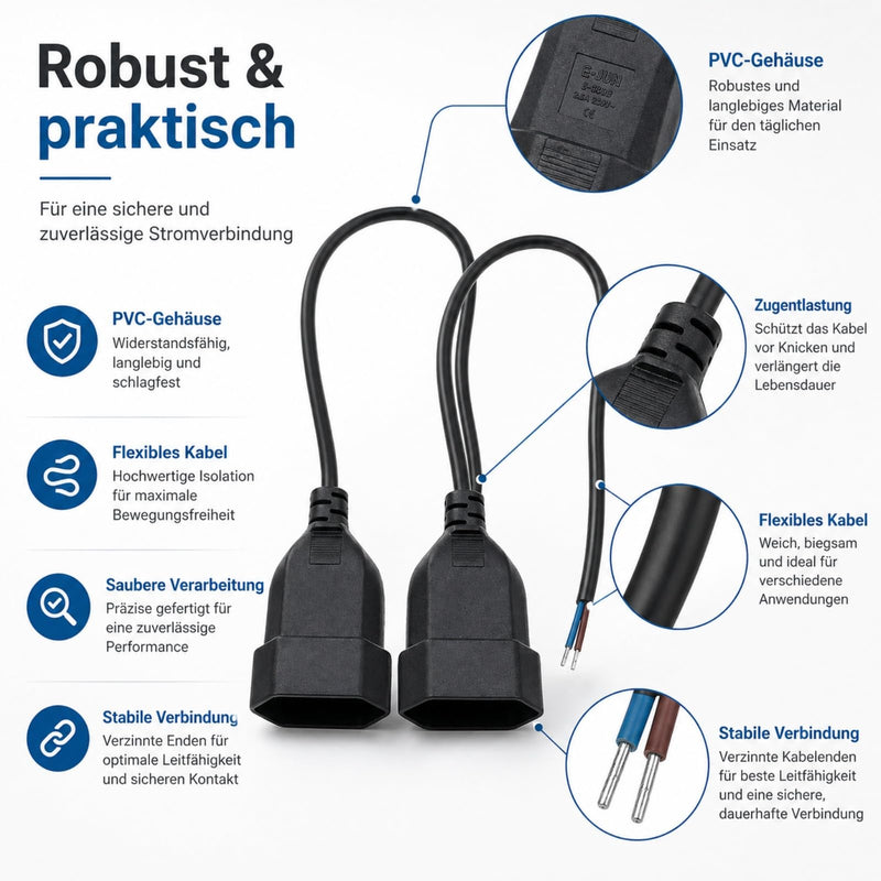 2 pieces Euro coupling flat with 20 cm long connection cable, coupling 230 V, Schuko coupling flat, Euro 230 V flat, Euro plug flat for Schuko plug (black) black A