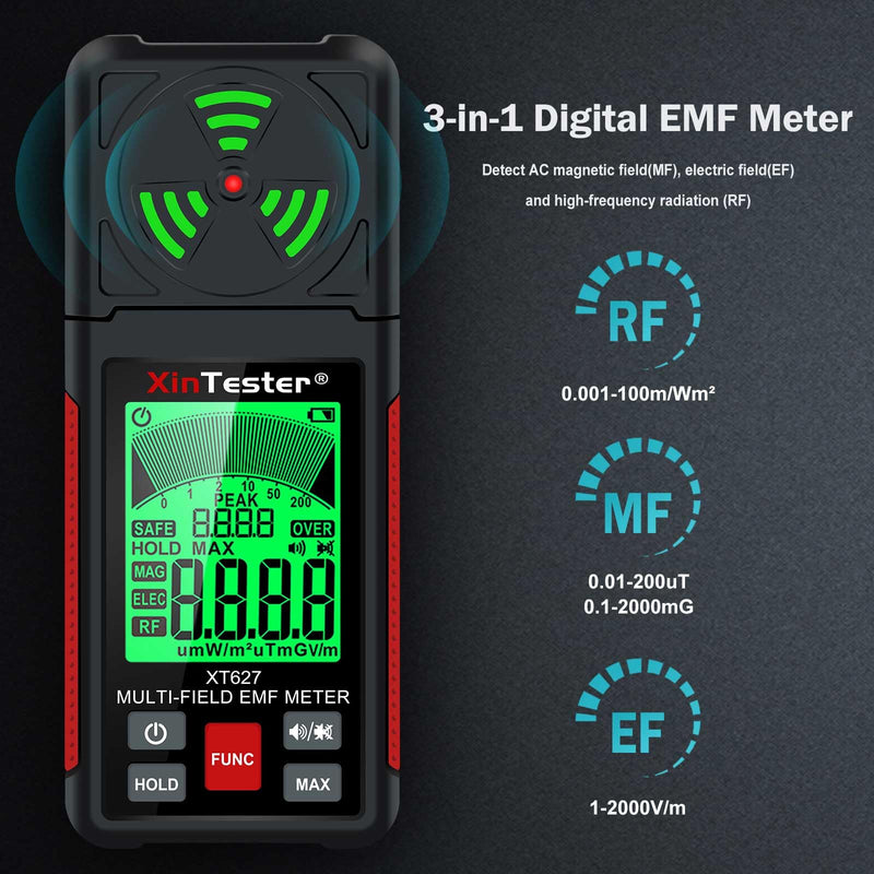[Australia - AusPower] - Xin Tester EMF Detector Meter 3-in-1 Digital Electromagnetic Radiation Magnetic Field Reader Tester, Home Outdoor Microwave Radioactive Ghost Hunting Cell Phone Towers WiFi Signal Detecting XT627 