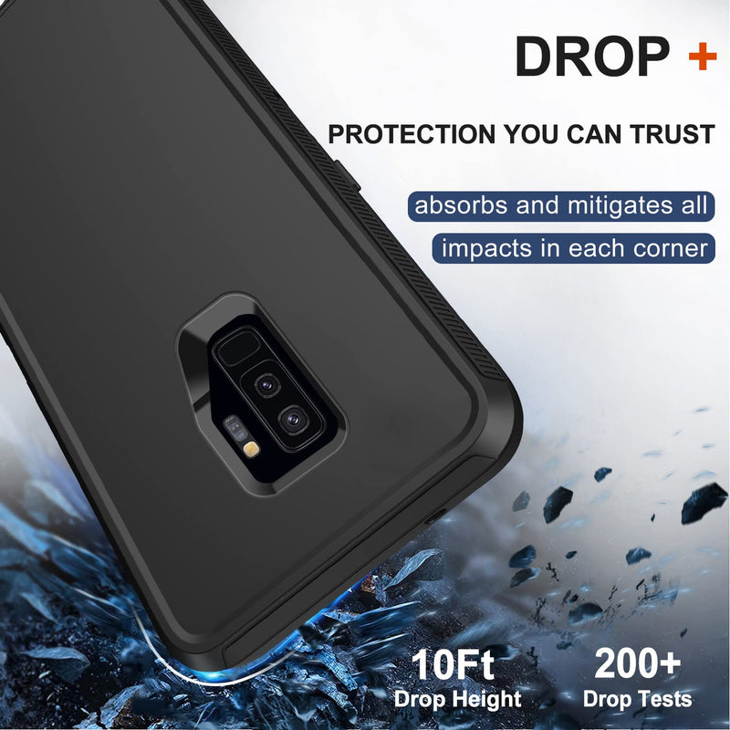 [Australia - AusPower] - for Samsung Galaxy S9 Plus Case with Belt Clip Holster, 2X Screen Protector, Military Grade Protection Heavy Duty Full Body Shockproof Rugged Protective Cover for Samsung Galaxy S9+ Plus (Black) Black 