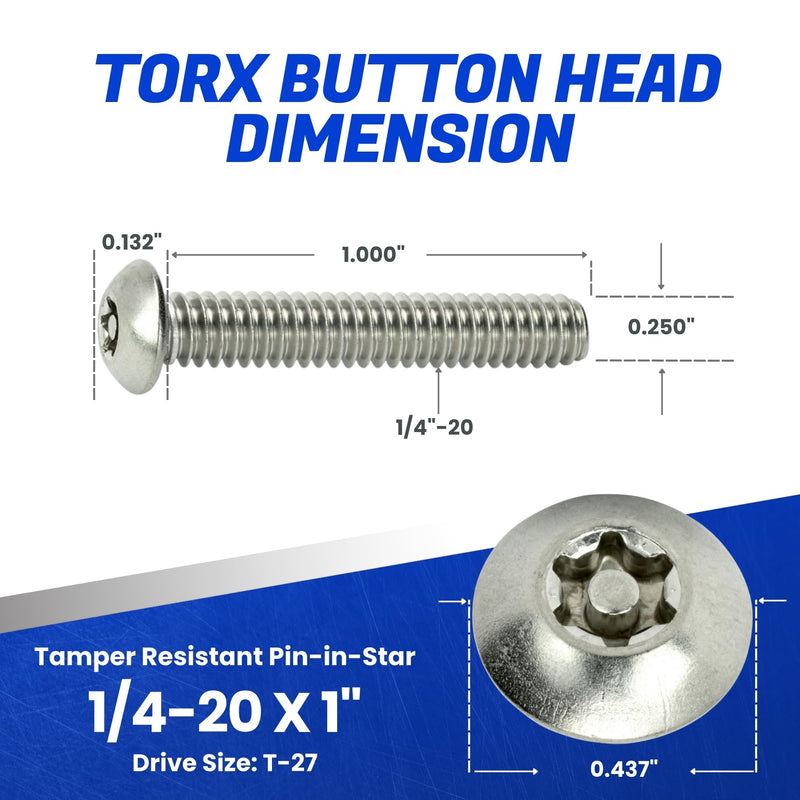 [Australia - AusPower] - Torx Security Machine Screws - 1/4-20 x 1 (10-Pack) Stainless Steel, Tamper-Resistant, Button Head Screws, Bolt Screw for Higher Level of Safety & Theft Prevention 1/4-20 x 1" (10 PCS) 