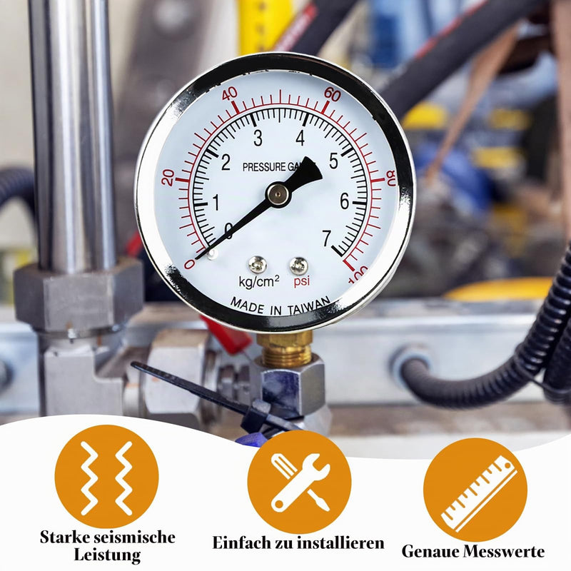 Vacuum gauge BSP 1/4 inch, 60 mm well pump pressure gauge, 0-7 bar, 0 ~ 100 psi with 2 pieces socket 1/4 inch to 3/8 inch, 1/4 inch to 1/2 inch, a Teflon tape, for water, oil, air, air and others