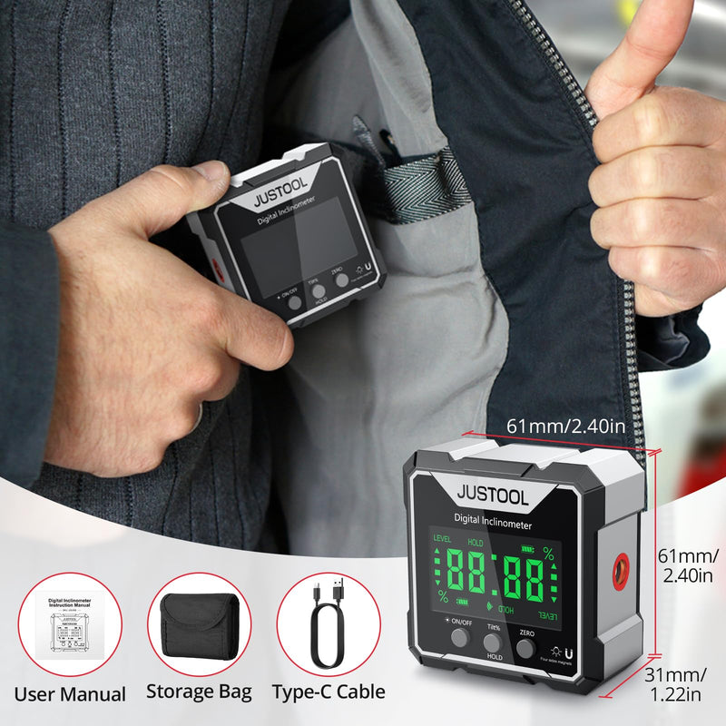JUSTOOL Mini Digital Angle Gauge Magnetic Angle Finder with Dual Laser | Level Box Measuring Tool with Backlight, Auto-Flip Display, Table Saw Miter Inclinometer for Woodworking Machinery Grey