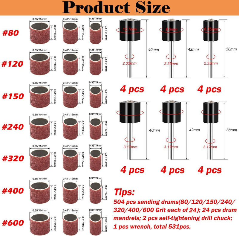 [Australia - AusPower] - mxuteuk 531 Pieces Sanding Drum Set 504 Pieces 80/120/150/240/320/400/600 Grit Drum Sanding Sleeves and 24 Pieces Drum Mandrels 2 Pieces Self-Clamping Drill Chuck and Combination Wrench 531 Stück 